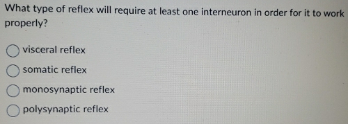 What type of reflex will require at least one interneuron in order for it to work
properly?
visceral reflex
somatic reflex
monosynaptic reflex
polysynaptic reflex