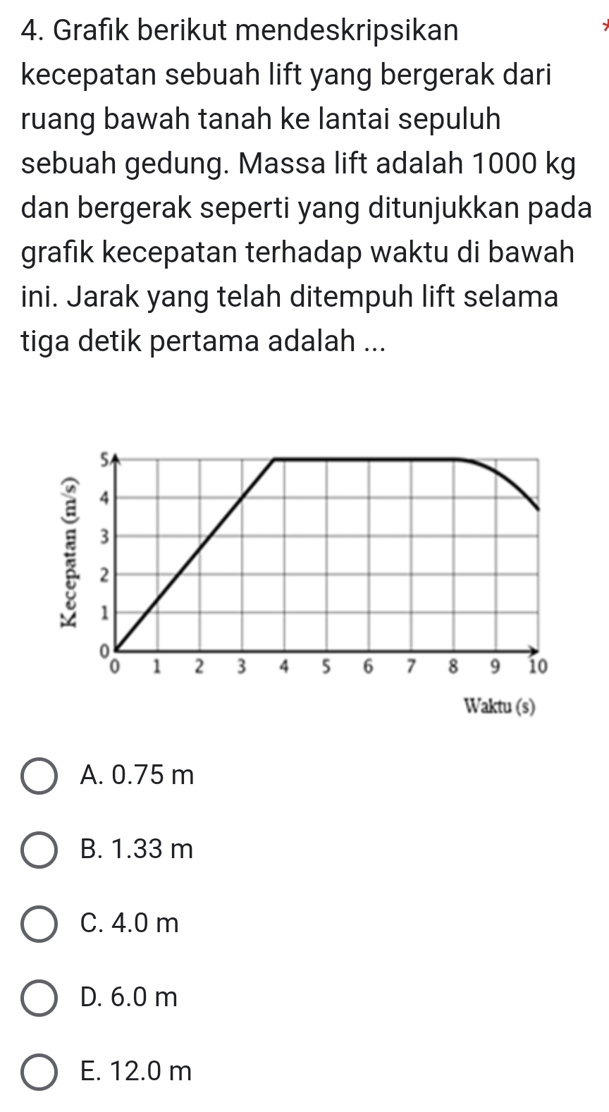 Grafik berikut mendeskripsikan
kecepatan sebuah lift yang bergerak dari
ruang bawah tanah ke lantai sepuluh
sebuah gedung. Massa lift adalah 1000 kg
dan bergerak seperti yang ditunjukkan pada
grafik kecepatan terhadap waktu di bawah
ini. Jarak yang telah ditempuh lift selama
tiga detik pertama adalah ...
Waktu (s)
A. 0.75 m
B. 1.33 m
C. 4.0 m
D. 6.0 m
E. 12.0 m