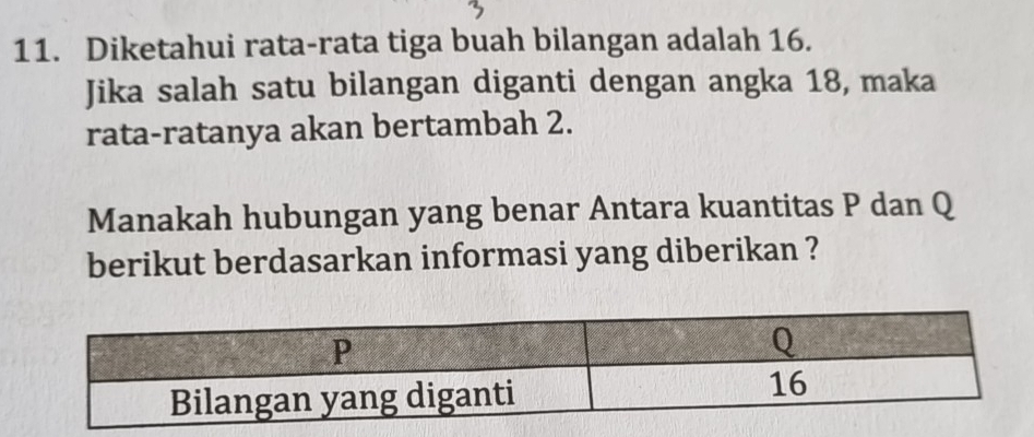 Diketahui rata-rata tiga buah bilangan adalah 16. 
Jika salah satu bilangan diganti dengan angka 18, maka 
rata-ratanya akan bertambah 2. 
Manakah hubungan yang benar Antara kuantitas P dan Q
berikut berdasarkan informasi yang diberikan ?