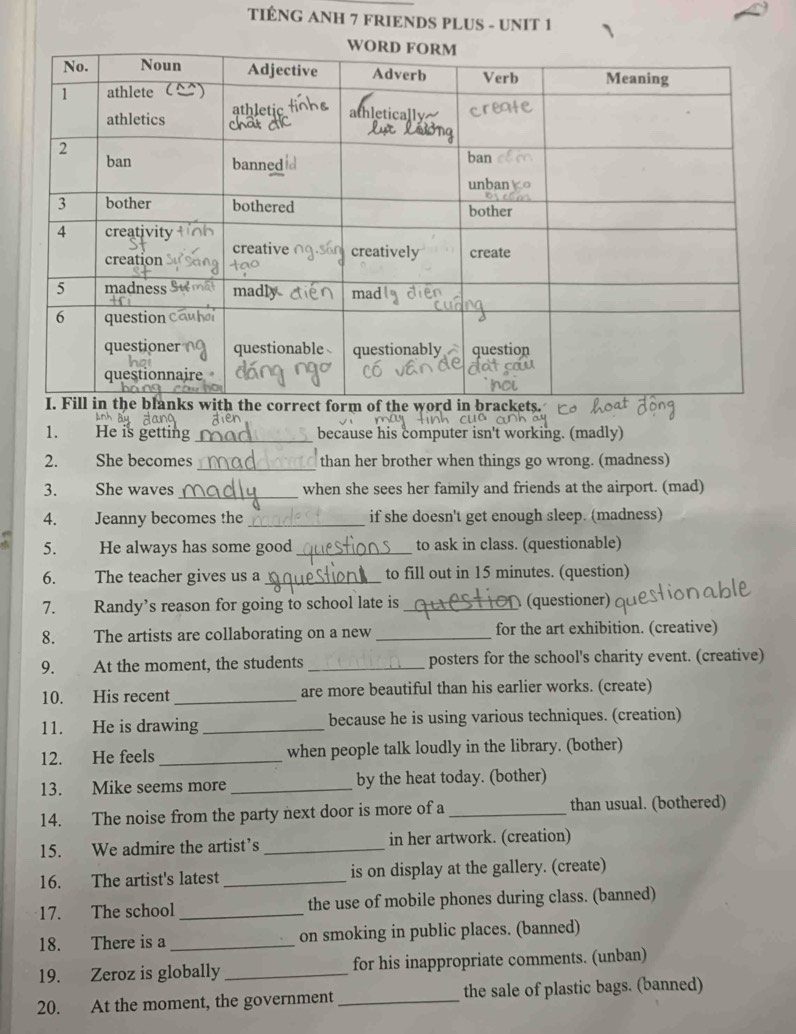 TIÊNG ANH 7 FRIENDS PLUS - UNIT 1 
1. He is getting _because his computer isn't working. (madly) 
2. She becomes _than her brother when things go wrong. (madness) 
3. She waves _when she sees her family and friends at the airport. (mad) 
4. Jeanny becomes the _if she doesn't get enough sleep. (madness) 
5. He always has some good_ to ask in class. (questionable) 
6. The teacher gives us a _to fill out in 15 minutes. (question) 
7. Randy’s reason for going to school late is _ (questioner) 
8. The artists are collaborating on a new _for the art exhibition. (creative) 
9. At the moment, the students _posters for the school's charity event. (creative) 
10. His recent_ are more beautiful than his earlier works. (create) 
11. He is drawing _because he is using various techniques. (creation) 
12. He feels _when people talk loudly in the library. (bother) 
13. Mike seems more _by the heat today. (bother) 
14. The noise from the party next door is more of a _than usual. (bothered) 
15. We admire the artist’s _in her artwork. (creation) 
16. The artist's latest _is on display at the gallery. (create) 
17. The school _the use of mobile phones during class. (banned) 
18. There is a _on smoking in public places. (banned) 
19. Zeroz is globally _for his inappropriate comments. (unban) 
20. At the moment, the government _the sale of plastic bags. (banned)