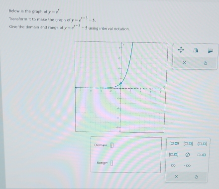 Below is the graph of y=e^x. 
Transform it to make the graph o y=e^(x+3)-5. 
Give the domain and range of y=e^(x+3)-5 using interval notation.
× 5
(□,□)
Dorain: (□.□]
[□,□ □u□
Range:
∞ = ∞
×