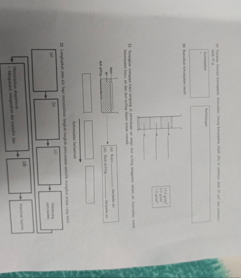Tuliskan formila ketumpatan. Kemudian, hitung ketumpatan objek jika isi padunya islah 20cm^2 dan jisimnya 
talah 40 g
Ketumpitan Perhitungan
20 Ramalkan ketumpatan cecam 
_∞
13.6g/cm^3
0.9g/cm^3
(b)_
1.0g/cm^3
_ 
21 Terangkan mengapa kayu terapung di permukaan air tetapi duit syiling tenggelam dalam air. Kemudian, susun 
ketumpatan kayu, air dan duit syiling dalam urutan menaik 
kayu (a) Kayu _daripada air 
air 
duit sylling- (b) Duit syiling_ daripada air 
Ketumpatan bertambah 
22 Lengkapkan peta alir bagi menunjukkan langkah-langkah penyiasatan saintifik mengikut urutan yang benil 
(a) (b) 
(o) 
Merancang 
peny iasatan 
(d) 
Menjalankan eksperimen Membuat lapern 
Mengumpul, menganalisis dan mentafir data