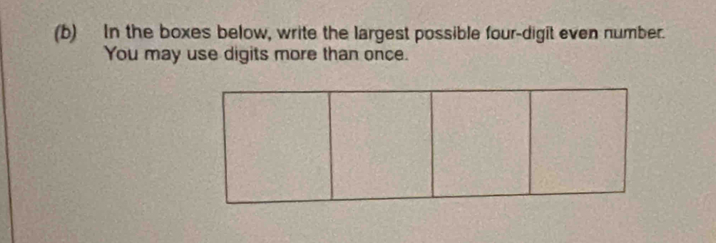 In the boxes below, write the largest possible four-digit even number. 
You may use digits more than once.