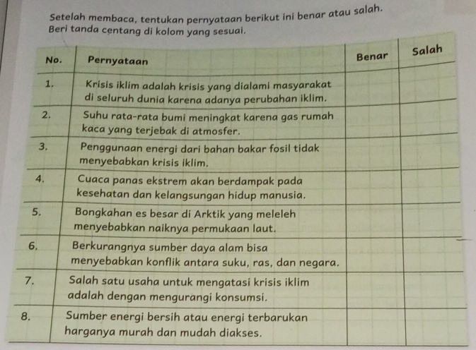 Setelah membaca, tentukan pernyataan berikut ini benar atau salah. 
Beri tand