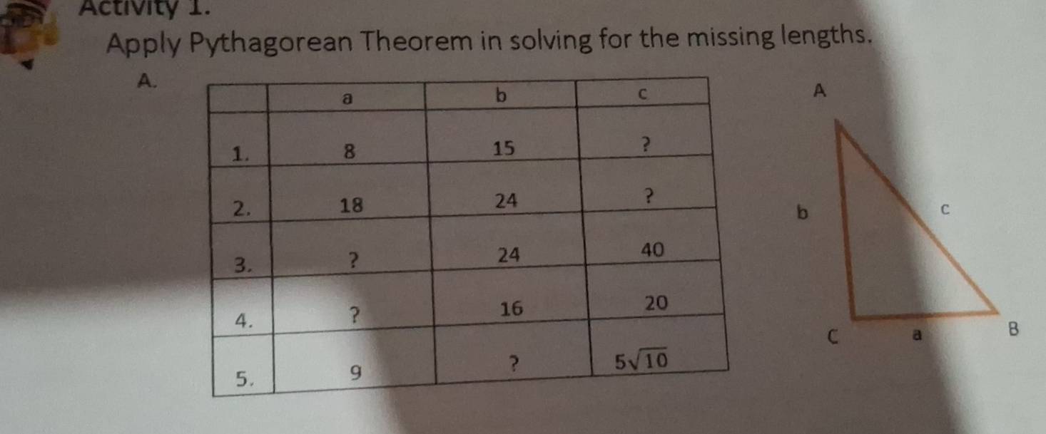 Activity 1.
Apply Pythagorean Theorem in solving for the missing lengths.
A.