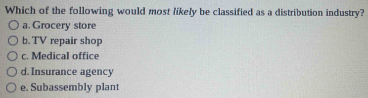 Which of the following would most likely be classified as a distribution industry?
a. Grocery store
b. TV repair shop
c. Medical office
d. Insurance agency
e. Subassembly plant