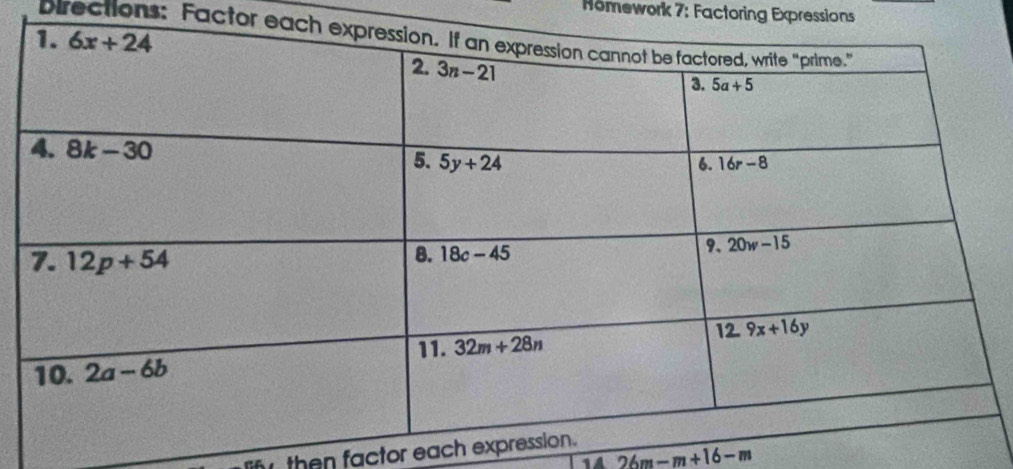 Hömework 7: Factoring Expressions
Directions: Factor eac
then factor each exp
A 26m-m+16-m