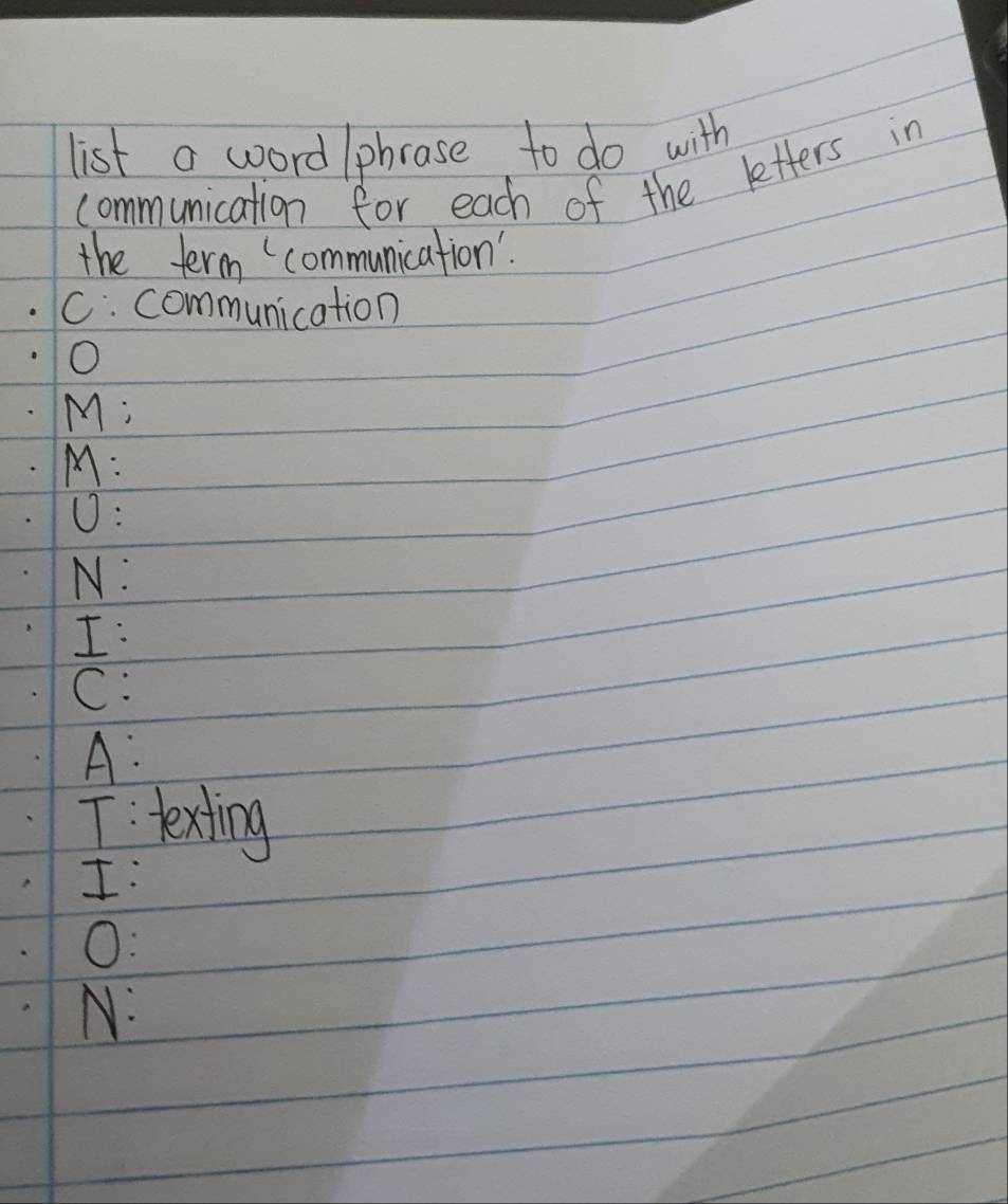 list a word lphrase to do with 
communication for each of the letters in 
the term communication'. 
C. communication 
O 
M: 
M: 
0: 
N: 
I: 
C: 
A: 
I: texting 
I: 
O: 
N: