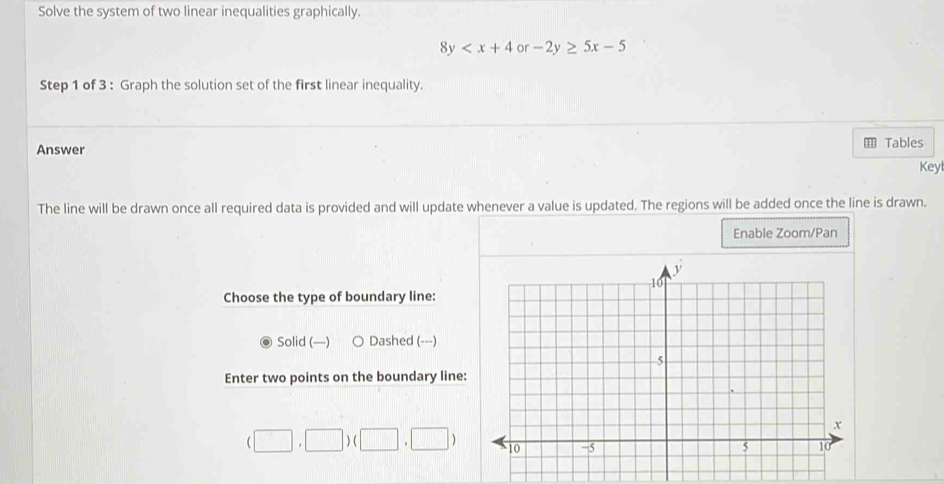 Solve the system of two linear inequalities graphically.
8y or -2y≥ 5x-5
Step 1 of 3 : Graph the solution set of the first linear inequality.
Answer Tables
Keyl
The line will be drawn once all required data is provided and will update whenever a value is updated. The regions will be added once the line is drawn.
Enable Zoom/Pan
Choose the type of boundary line:
Solid (—) Dashed (---)
Enter two points on the boundary line:
(□ ,□ )(□ ,□ )