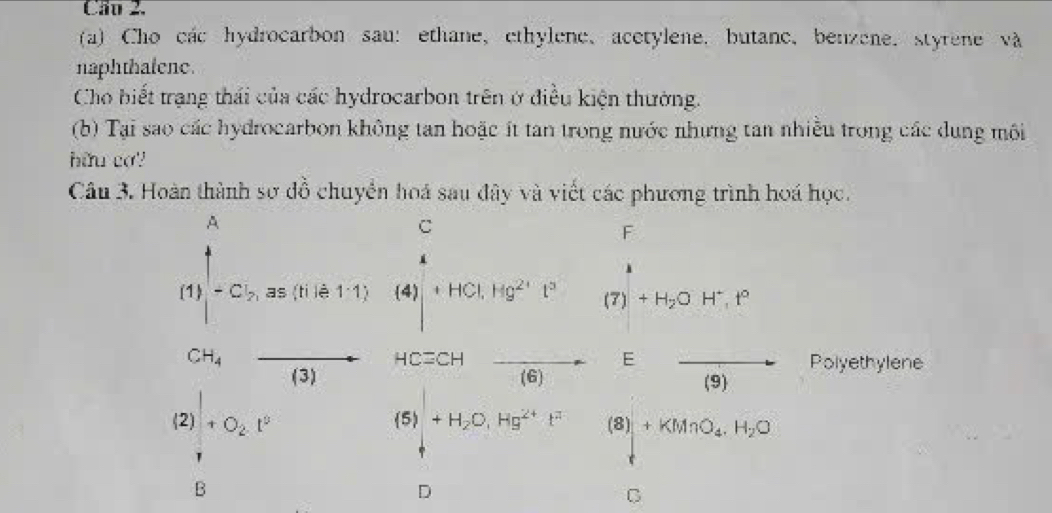 Chu 2. 
(a) Cho các hydrocarbon sau: ethane, ethylene、acetylene, butane, benzene, styrene và 
naphthalene. 
Cho biết trạng thái của các hydrocarbon trên ở điều kiện thường. 
(b) Tại sao các hydrocarbon không tan hoặc ít tan trong nước nhưng tan nhiều trong các dung môi 
hữu cơ 
Câu 3. Hoàn thành sơ đồ chuyển hoá sau đây và viết các phương trình hoá học. 
F
(1)beginvmatrix endvmatrix -C_7,35.(11.411)&(4)^4+HCl.Hg^(2+)end(vmatrix)^2 (7 1 +H_2OH^+,t^0
CH_4vector (3) □ HC=CHto Efrac (6) Polyethylene 
|
(2)+O_2t^0
(s)+H_2O, Hg^(2+)t^2
frac 1 R 
+ 
D 
D 
C