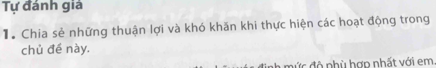 Tự đánh giá 
Tể Chia sẻ những thuận lợi và khó khăn khi thực hiện các hoạt động trong 
chủ đề này. 
mức độ phù hợp nhất với em