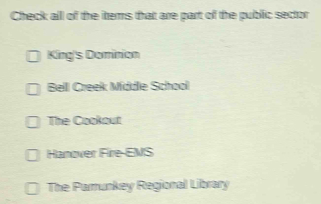 Check all of the items that are part of the public sector
King's Dominion
Bell Creek Middle School
The Cookout
Hanover Fire-EMS
The Pamunkey Regional Library