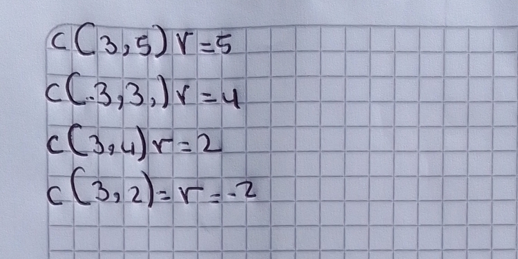 c(3,5)r=5
c(-3,3,)r=4
c(3,4)r=2
C (3,2)=r=-2