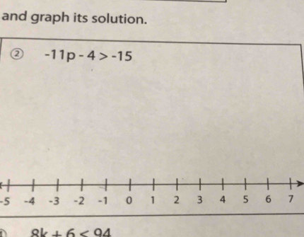 and graph its solution. 
② -11p-4>-15
-5
8b+6<94</tex>