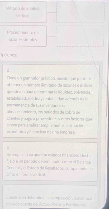 Método de análisis 
vertical 
Procedimiento de 
razones simples 
Opciones: 
;; 
Tiene un gran valor práctico, puesto que permite 
obtener un número ilimitado de razones e índices 
que sirven para determinar la liquidez, solvencia, 
estabilidad, solidez y rentabilidad además de la 
permanencia de sus inventarios en 
almacenamiento, los periodos de cobro de 
clientes y pago a proveedores y otros factores que 
sirven para analizar ampliamente la situación 
económica y financiera de una empresa. 
;; 
Se emplea para analizar estados financieros fecha 
fija ó a un periodo determinado: como el Balance 
General y el Estado de Resultados, comparando las 
cifras en forma vertical. 
;; 
Consiste en determinar la composición porcentual 
de cada cuenta del Activo, Pasivo y Patrimonio,