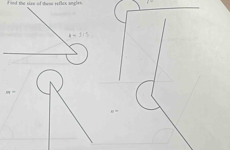 Find the size of these reflex angles. I=
m=
n=