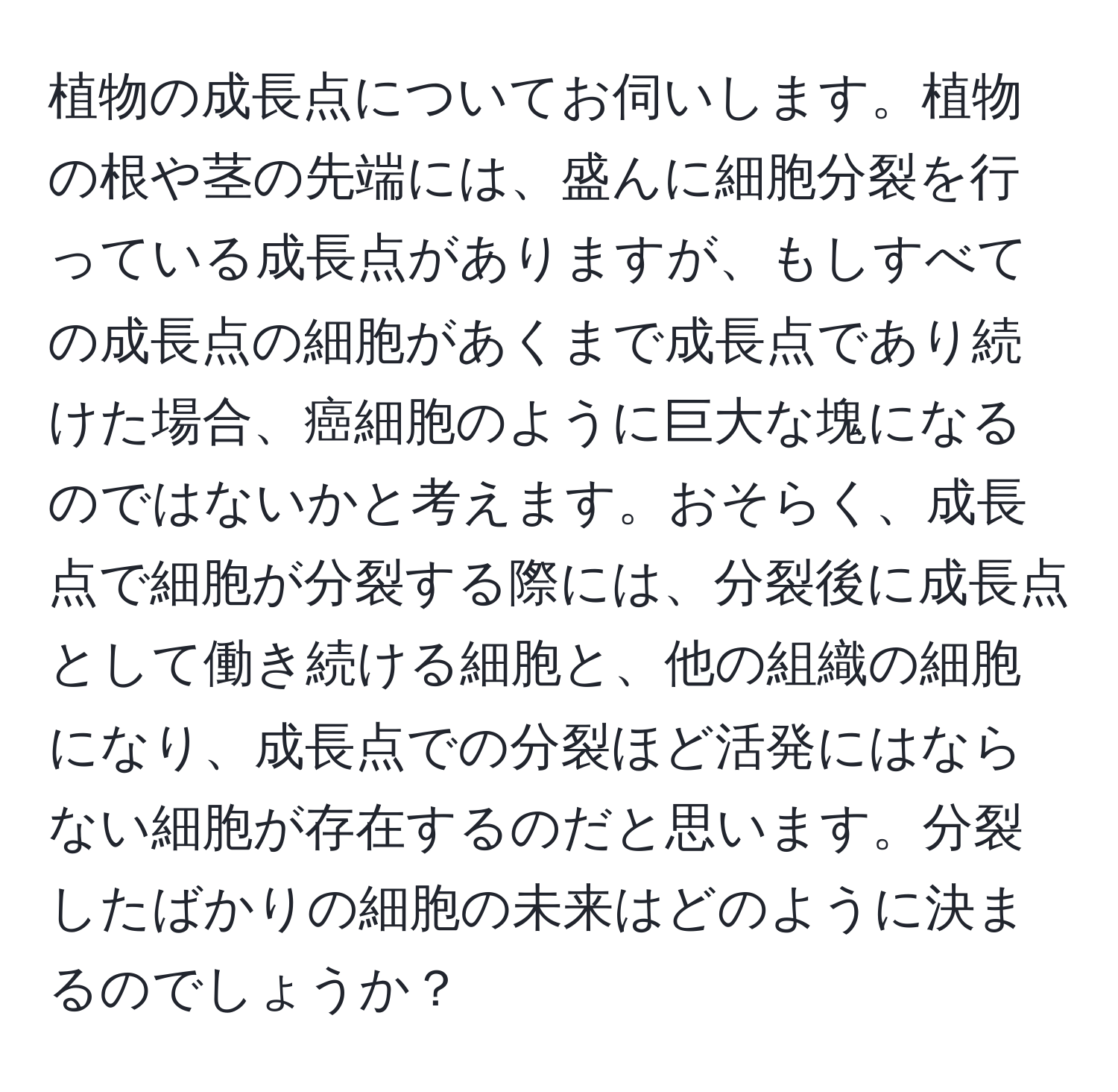 植物の成長点についてお伺いします。植物の根や茎の先端には、盛んに細胞分裂を行っている成長点がありますが、もしすべての成長点の細胞があくまで成長点であり続けた場合、癌細胞のように巨大な塊になるのではないかと考えます。おそらく、成長点で細胞が分裂する際には、分裂後に成長点として働き続ける細胞と、他の組織の細胞になり、成長点での分裂ほど活発にはならない細胞が存在するのだと思います。分裂したばかりの細胞の未来はどのように決まるのでしょうか？