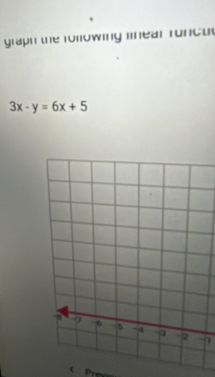 graph the rollowing linear runc ut
3x-y=6x+5
1 
Previa