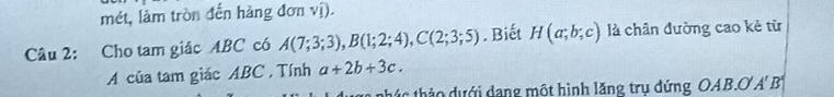 mét, làm tròn đến hàng đơn vị). 
Câu 2: Cho tam giác ABC có A(7;3;3), B(1;2;4), C(2;3;5). Biết H(a;b;c) là chân đường cao kẻ từ 
A của tam giác ABC , Tính a+2b+3c. 
h hảo dưới dang một hình lăng trụ đứng OAB.O A B