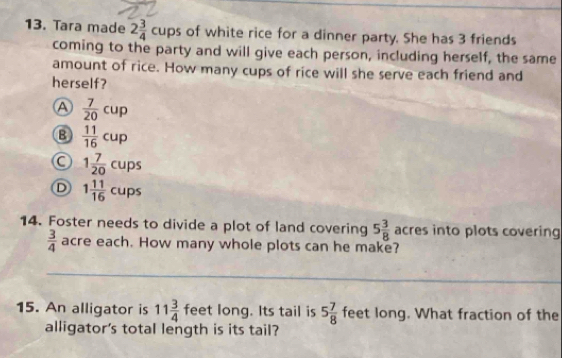 Tara made 2 3/4  cups of white rice for a dinner party. She has 3 friends
coming to the party and will give each person, including herself, the same
amount of rice. How many cups of rice will she serve each friend and
herself?
A  7/20 cup
B  11/16 cup
C 1 7/20 cups
D 1 11/16  cups 
14. Foster needs to divide a plot of land covering 5 3/8  acres into plots covering
 3/4  acre each. How many whole plots can he make?
_
15. An alligator is 11 3/4  feet long. Its tail is 5 7/8  feet long. What fraction of the
alligator's total length is its tail?