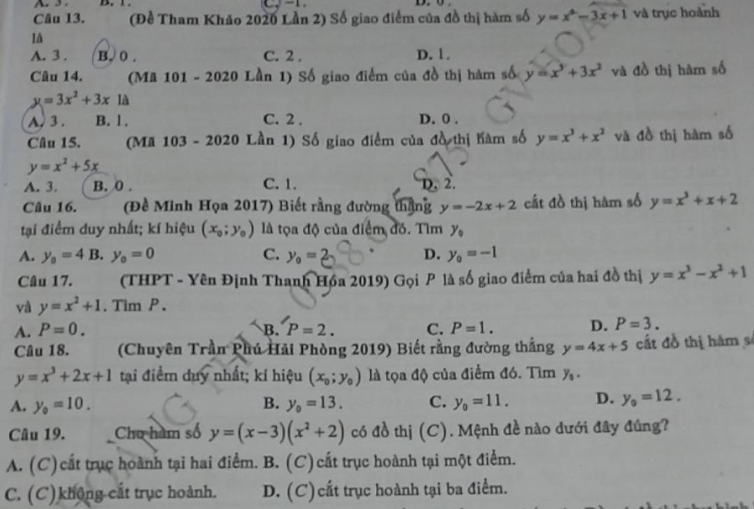 (Đề Tham Khảo 2020 Lần 2) Số giao điểm của đồ thị hàm số y=x^2-3x+1 và trục hoành
là
A. 3 . B. 0 . C. 2 . D. 1.
Câu 14. (Mã 101 - 2020 Lần 1) Số giao điểm của đồ thị hàm số y=x^3+3x^2 và đồ thị hàm số
y=3x^2+3x° là
A. 3 . B. l . C. 2 . D. 0 .
Câu 15. (Mã 103 - 2020 Lần 1) Số giao điểm của đồ thị hàm số y=x^3+x^2 và đồ thị hàm số
y=x^2+5x
A. 3. B. 0 . C. 1. D. 2.
Câu 16.  (Đề Minh Họa 2017) Biết rằng đường thắng y=-2x+2 cất đồ thị hàm số y=x^3+x+2
tại điểm duy nhất; kí hiệu (x_0;y_0) là tọa độ của điểm đồ. Tìm y_0
A. y_0=4 B. y_0=0 C. y_0= D. y_0=-1
Câu 17.  (THPT - Yên Định Thanh Hóa 2019) Gọi P là số giao điểm của hai đồ thị y=x^3-x^2+1
và y=x^2+1. Tim P .
A. P=0. B. P=2. C. P=1.
D. P=3.
Câu 18.  (Chuyên Trần Phú Hải Phòng 2019) Biết rằng đường thắng y=4x+5 cất đồ thị hàm s
y=x^3+2x+1 tại điểm duy nhất; kí hiệu (x_0;y_0) là tọa độ của điểm đó. Tìm y_0.
A. y_0=10. B. y_0=13. C. y_0=11.
D. y_0=12.
Câu 19. Cho hàm số y=(x-3)(x^2+2) có đồ thị (C). Mệnh đề nào dưới đây đúng?
A. (C)cắt trục hoành tại hai điểm. B. (C)cắt trục hoành tại một điểm.
C. (C)không cắt trục hoành. D. (C)cất trục hoành tại ba điểm.