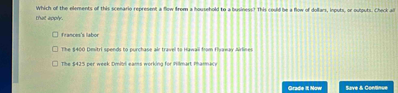 Which of the elements of this scenario represent a flow from a household to a business? This could be a flow of dollars, inputs, or outputs. Check all
that apply.
Frances's labor
The $400 Dmitri spends to purchase air travel to Hawaii from Flyaway Airlines
The $425 per week Dmitri earns working for Pillmart Pharmacy
Grade it Now Save & Continue