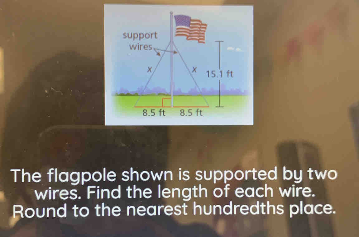 Solved: The flagpole shown is supported by two wires. Find the length ...