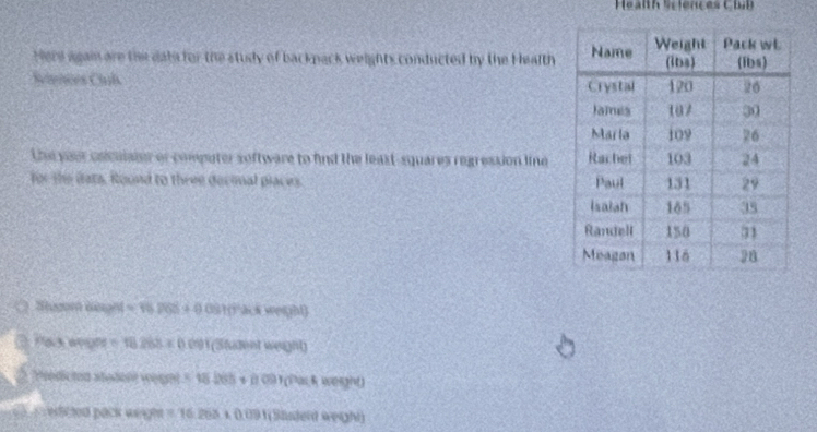 Here again are the date for the study of backpack weights conducted by the Health 
Sietes Cul 
the your cniculaion or computer software to find the least-squares regression line 
for the dats. Round to three deconal places. 
Stugom bagh =16,068+9 ack weight)
0.18268* 0 1 (Student weight) 
Predictod stedon wegni =18.265+0.09+0...6 weight ) 
redicted pack weight 8.16Pex+00Pen (Säsderd weight)