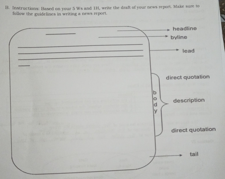 Instructions: Based on your 5 Ws and 1H, write the draft of your news report. Make sure to 
follow the guidelines in writing a news report. 
headline 
_ 
byline 
_ 
_ 
_ 
lead 
_ 
direct quotation 
b 
。 description 
d 
y 
direct quotation 
tail