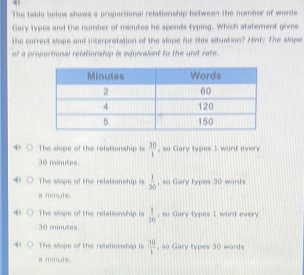 “ 
The table below shows a proportional relationship between the number of words
Gary types and the number of minutes he spends typing. Which statement gives
the correct slope and interpretation of the slope for this situation? Hint: The slope
of a proportional relationship is equivalent to the unit rate.
The slope of the relationship is  30/1  , so Gary types 1 word every
30 minutes.
The slope of the relationship is  1/30  , so Gary types 30 words
a minute.
The slope of the relationship is  1/30  , so Gary types 1 word every
30 minutes.
The slope of the relationship is  30/1  , so Gary types 30 words
a minute.