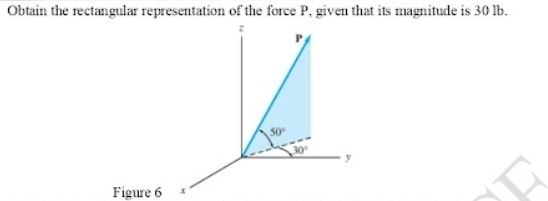 Obtain the rectangular representation of the force P, given that its magnitude is 30 lb.
z
P
50°
30°
y
Figure 6 x