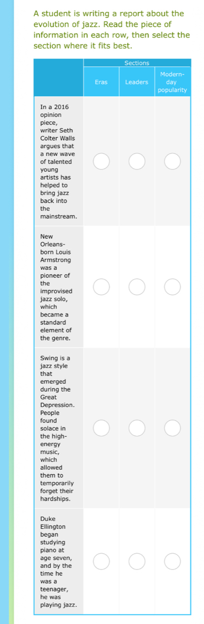 A student is writing a report about the 
evolution of jazz. Read the piece of 
information in each row, then select the 
se 
ern- 
y 
larity 
I 
o 
p 
w 
C 
a 
a 
o 
y 
a 
h 
b 
b 
t 
m 
N 
O 
b 
A 
w 
p 
t 
i 
j 
w 
b 
s 
e 
t 
S 
j 
t 
e 
d 
G 
D 
P 
f 
s 
t 
e 
m 
w 
a 
t 
t 
f 
h 
D 
E 
b 
s 
p 
a 
a 
t 
w 
t 
he was 
playing jazz.