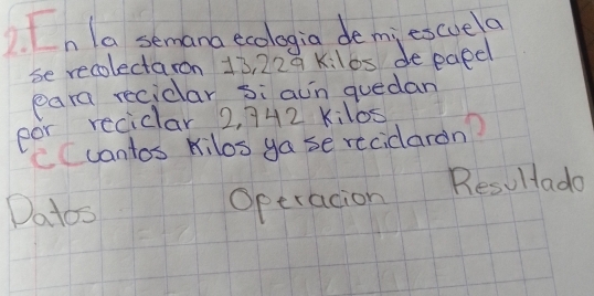 .n la semana ecologia demi escuela 
se recolectaron 13, 229 k: l6s de eaed 
para reciclar si ain quedan 
por reciclar 2, 742 Kilos
CCcantos Kilos ya se recidardn 
Datos Optracion Resultada