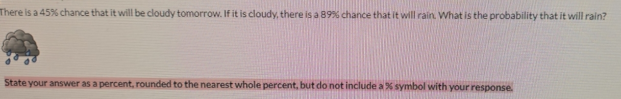 There is a 45% chance that it will be cloudy tomorrow. If it is cloudy, there is a 89% chance that it will rain. What is the probability that it will rain? 
State your answer as a percent, rounded to the nearest whole percent, but do not include a % symbol with your response.