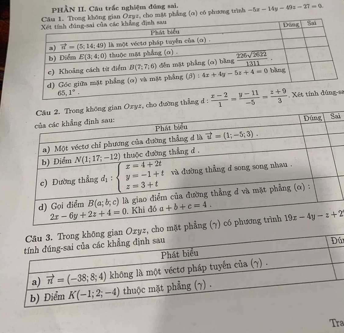 PHÀN II. Câu trắc nghiệm đúng sai.
hông gian Oxyz, cho mặt phẳng (α) có phương trình -5x-14y-49z-27=0.
đường thẳng d : sa
i
mặt phẳng (γ
ú
Tra