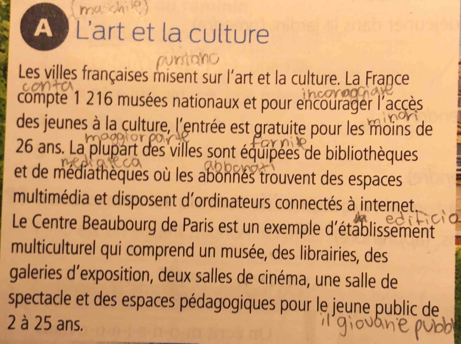 A L'art et la culture 
Les villes françaises misent sur l'art et la culture. La France 
compte 1 216 musées nationaux et pour encourager l'accès 
des jeunes à la culture, l'entrée est gratuite pour les moins de
26 ans. La plupart des villes sont équipées de bibliothèques 
et de médiathèques où les abonnes trouvent des espaces 
multimédia et disposent d'ordinateurs connectés à internet 
Le Centre Beaubourg de Paris est un exemple d'établissement 
multiculturel qui comprend un musée, des librairies, des 
galeries d’exposition, deux salles de cinéma, une salle de 
spectacle et des espaces pédagogiques pour le jeune public de 
2 à 25 ans.