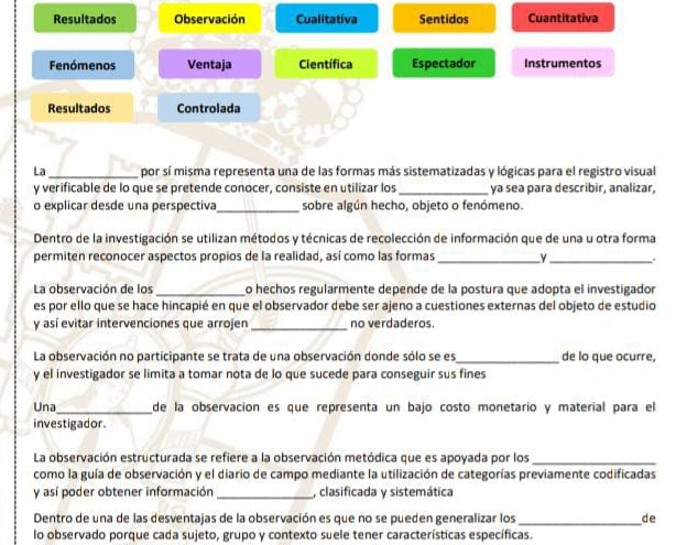 Resultados Observación Cualitativa Sentidos Cuantitativa
Fenómenos Ventaja Científica Espectador Instrumentos
Resultados Controlada
La _por sí misma representa una de las formas más sistematizadas y lógicas para el registro visual
y verificable de lo que se pretende conocer, consiste en utilizar los _ya sea para describir, analizar,
o explicar desde una perspectiva_ sobre algún hecho, objeto o fenómeno.
Dentro de la investigación se utilizan métodos y técnicas de recolección de información que de una u otra forma
permiten reconocer aspectos propios de la realidad, así como las formas _Y_ .
La observación de los _o hechos regularmente depende de la postura que adopta el investigador
es por ello que se hace hincapié en que el observador debe ser ajeno a cuestiones externas del objeto de estudio
y así evitar intervenciones que arrojen_ no verdaderos.
La observación no participante se trata de una observación donde sólo se es _de lo que ocurre,
y el investigador se limita a tomar nota de lo que sucede para conseguir sus fines
Una_ de la observación es que representa un bajo costo monetario y material para el
investigador.
La observación estructurada se refiere a la observación metódica que es apoyada por los_
como la guía de observación y el diario de campo mediante la utilización de categorías previamente codificadas
y así poder obtener información_ y clasificada y sistemática
Dentro de una de las desventajas de la observación es que no se pueden generalizar los _de
lo observado porque cada sujeto, grupo y contexto suele tener características específicas.