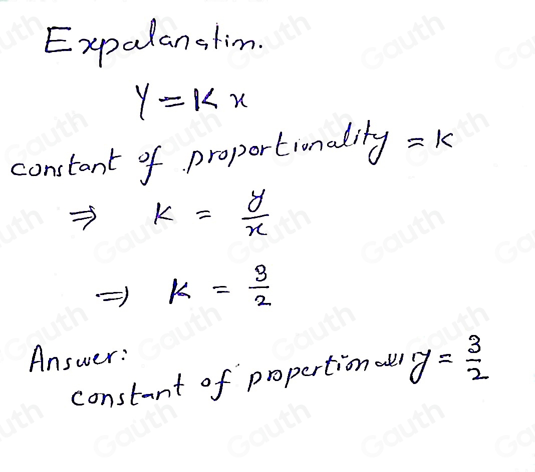 Expalanstim.
y=kx
constant of proportionality =k
k= y/x 
k= 3/2 
Answer: 
constant of propertion all y= 3/2 