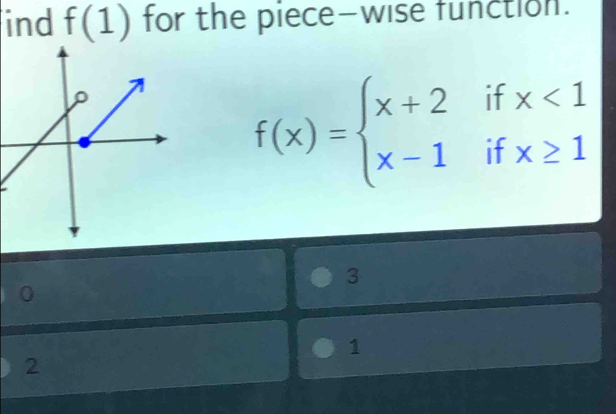 ind f(1) for the piece-wise function.
f(x)=beginarrayl x+2ifx<1 x-1ifx≥ 1endarray.
3
0
1
2