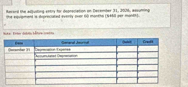 Record the adjusting entry for depreciation on December 31, 2026, assuming 
the equipment is depreciated evenly over 60 months ($460 per month). 
Note: Enter debits before credits