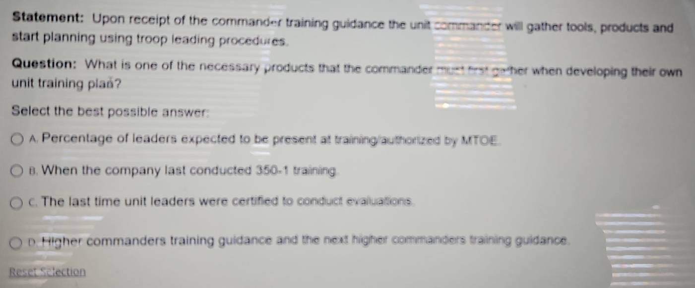 Solved: Statement: Upon receipt of the commander training guidance the ...