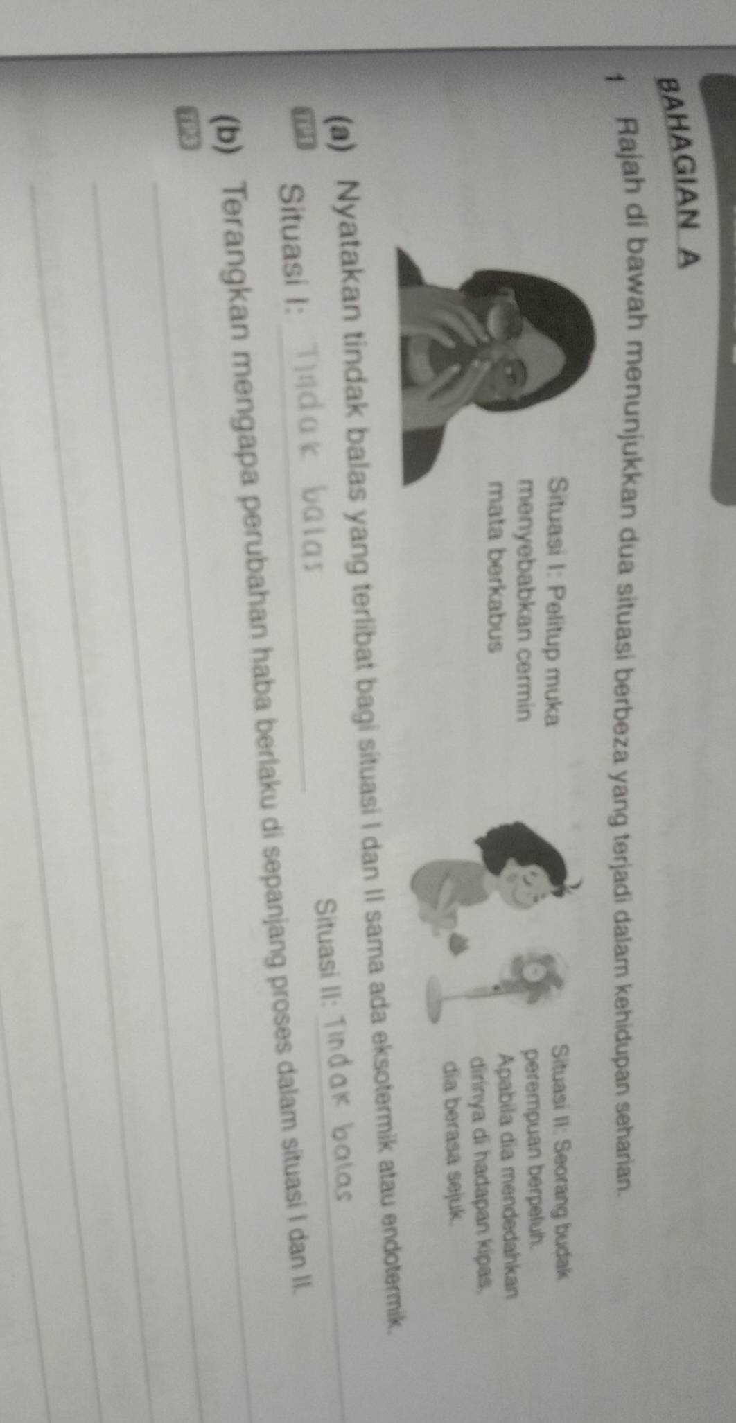 BAHAGIAN A 
1 Rajah di bawah menunjukkan dua situasi berbeza yang terjadi dalam kehidupan seharian. 
Situasi I: Pelitup muka Situasi II: Seorang budak 
menyebabkan cermin perempuan berpeluh. 
mata berkabus 
Apabila dia mendedahkan 
dirinya di hadapan kipas. 
dia berasa sejuk. 
(a) Nyatakan tindak balas yang terlibat bagi situasi I dan II sama ada eksotermik atau endotermik. 
Situasi II: 
Situasi I: 
_ 
(b) Terangkan mengapa perubahan haba berlaku di sepanjang proses dalam situasi I dan II. 

_ 
_ 
_ 
_