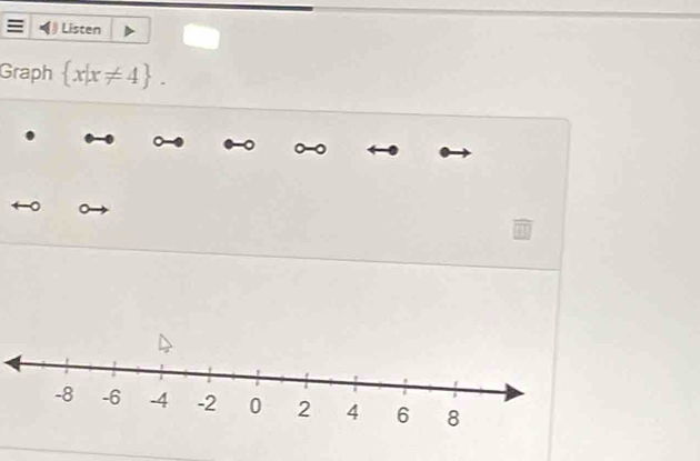 Listen 

Graph  x|x!= 4.