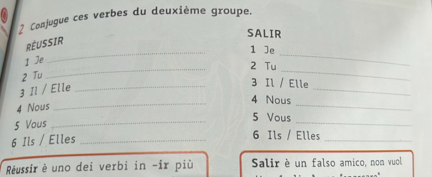 Conjugue ces verbes du deuxième groupe. 
SALIR 
_ 
_ 
RÉUSSIR 
1 Je 
_ 
_ 
1 Je 
2 Tu 
2 Tu 
3 Il / Elle_ 
_ 
3 Il / Elle 
_ 
4 Nous 
4 Nous 
_ 
5 Vous 
5 Vous_ 
_ 
6 Ils / Elles_ 
6 Ils / Elles_ 
Réussir è uno dei verbi in -ir più Salir è un falso amico, non vuol