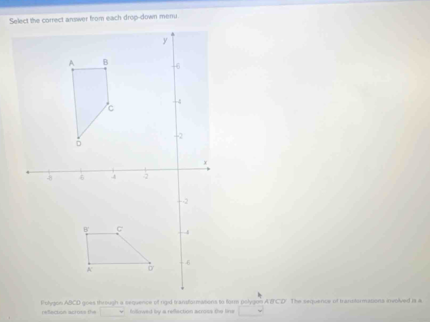 Polygon ABCD goes through a sequence of rigid transformations to form polygon A'B'C'D' The sequence of transformations involved is a
reffection across the followed by a reflection across the line