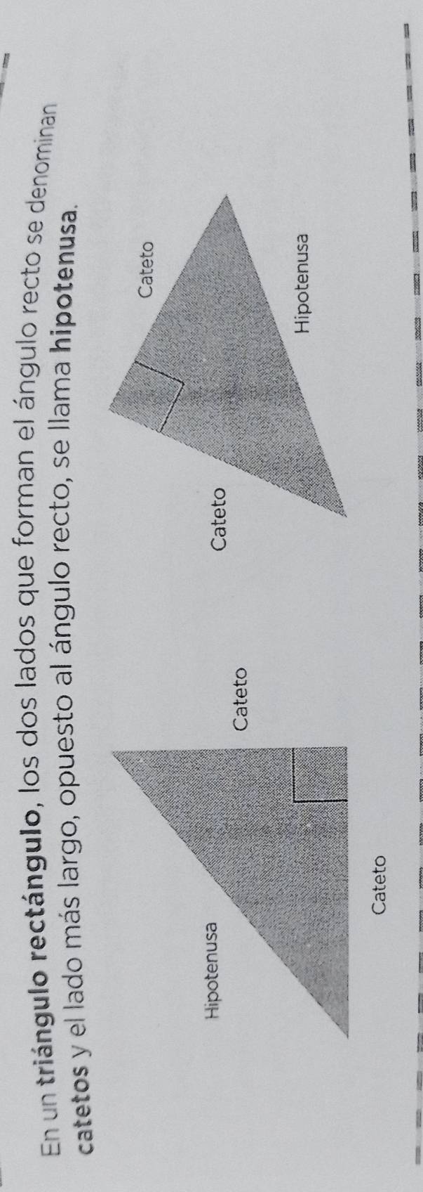 En un triángulo rectángulo, los dos lados que forman el ángulo recto se denominan 
catetos y el lado más largo, opuesto al ángulo recto, se llama hipotenusa.