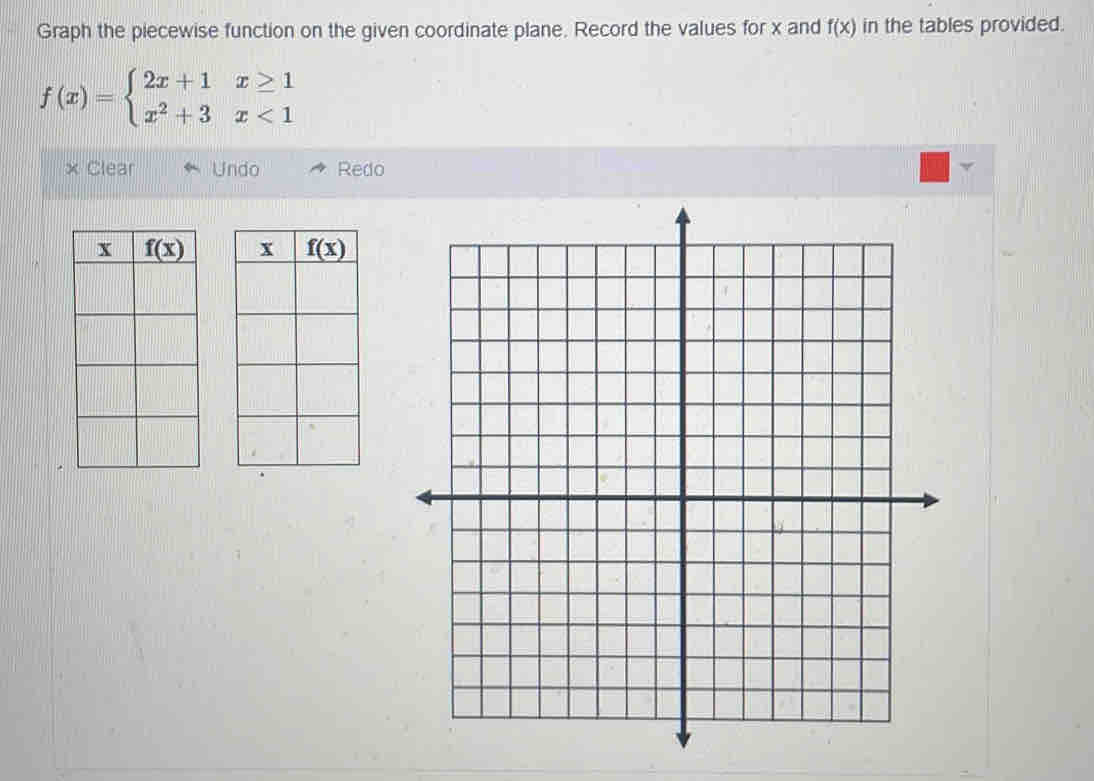 Graph the piecewise function on the given coordinate plane. Record the values for x and f(x) in the tables provided.
f(x)=beginarrayl 2x+1x≥ 1 x^2+3x<1endarray.
× Clear Undo Redo