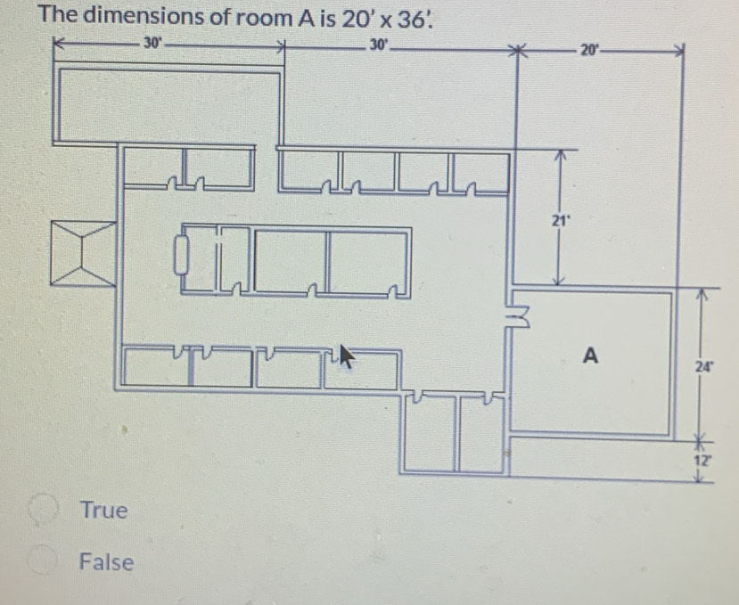 The dimensions of room A is 20'* 36'.
'
'
False