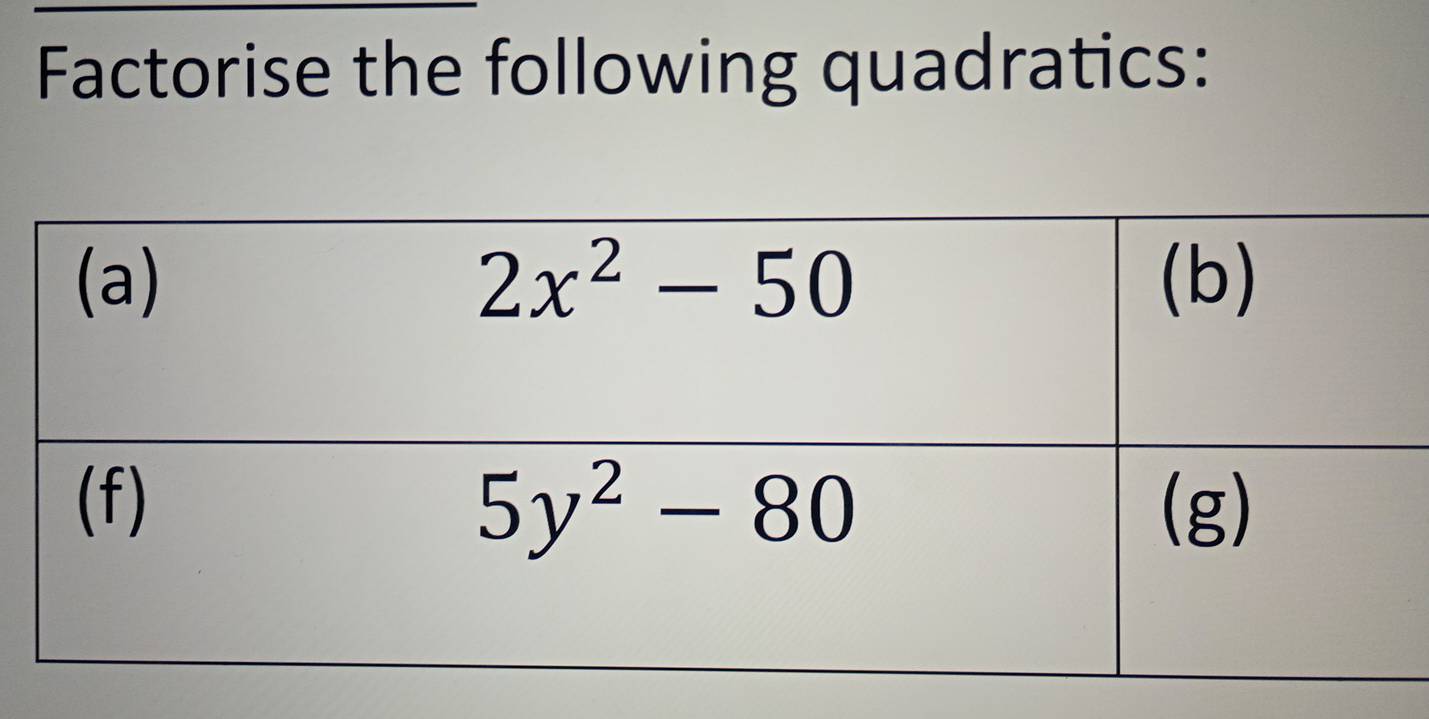 Factorise the following quadratics: