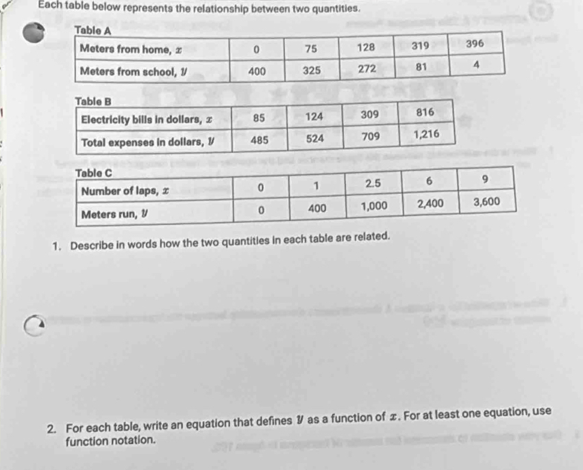 Each table below represents the relationship between two quantities. 
1. Describe in words how the two quantities in each table are related. 
2. For each table, write an equation that defines 1 as a function of £. For at least one equation, use 
function notation.